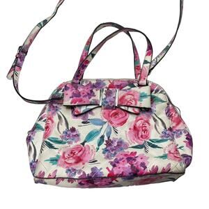 Betsey Johnson Floral Satchel Bag Bow Quilted Double Handle 2000s Pink White